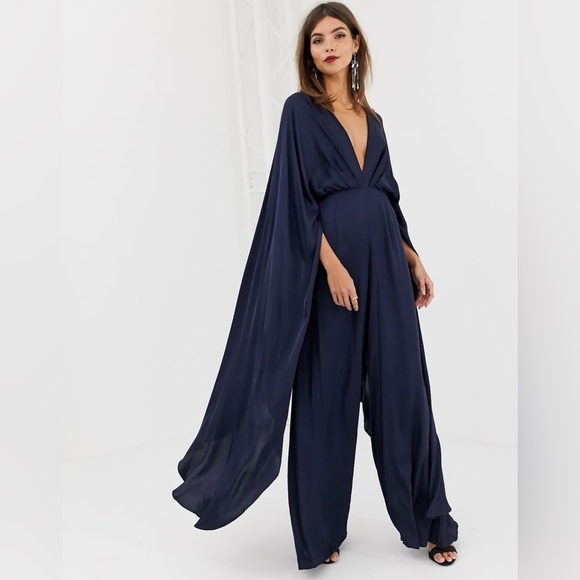ASOS Pants - NWT ASOS Edition Satin Cape Sleeve Jumpsuit in Navy Blue Size 2.